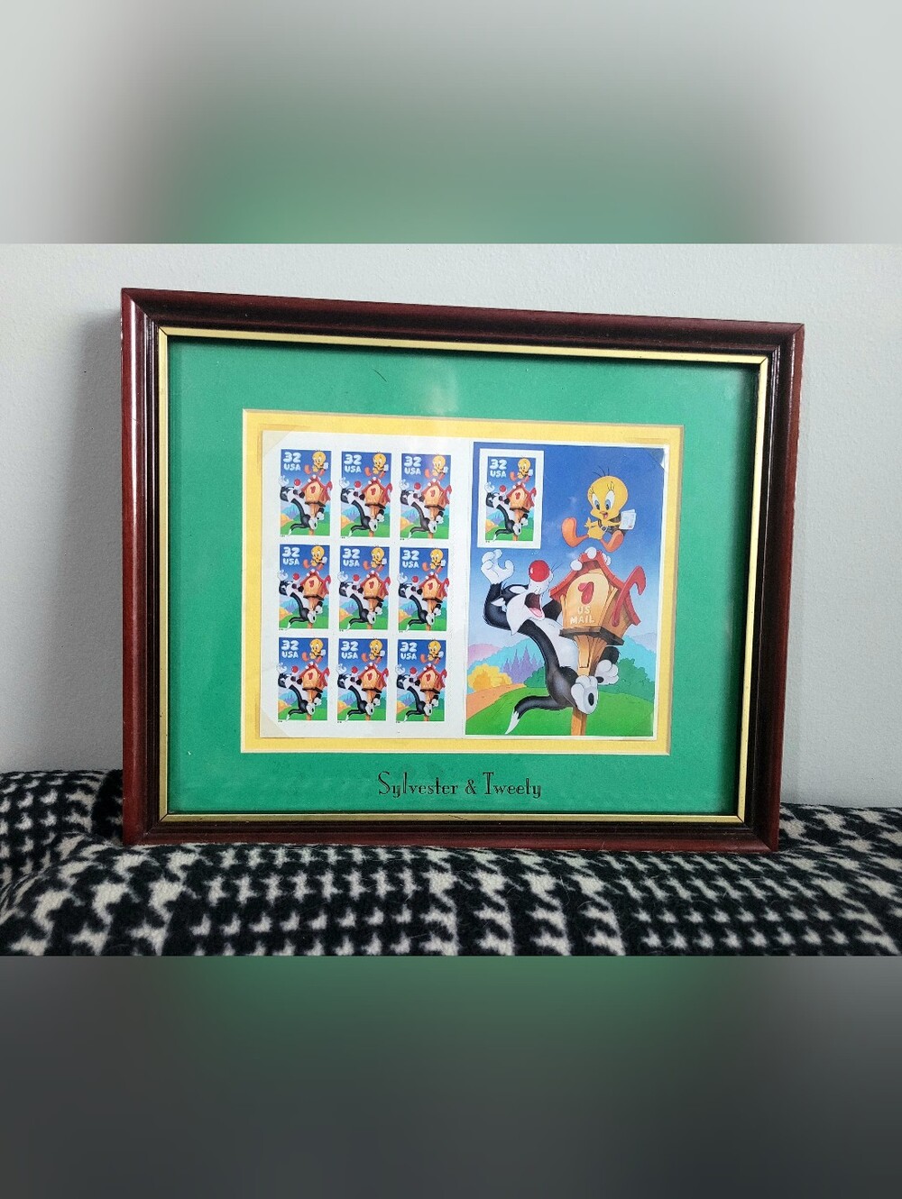 Sylvester & Tweety Framed Stamp Collage - Green & Yellow Mat